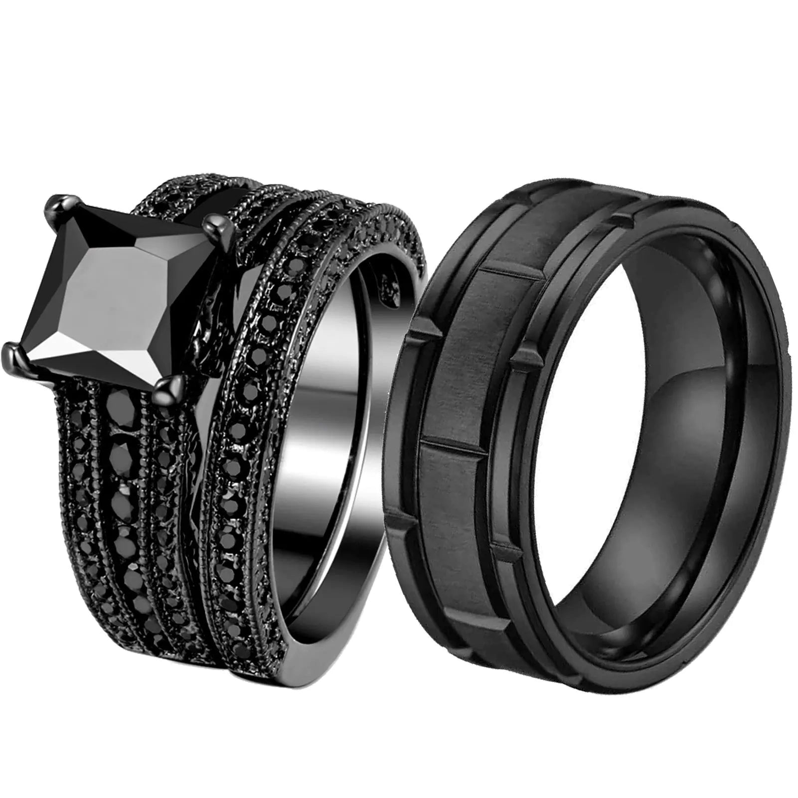 ringheart 2 Rings His and Hers Ring Couple Rings Princess cut Black Cz Womens Wedding Ring Sets Titanium Steel Mens Wedding Bands