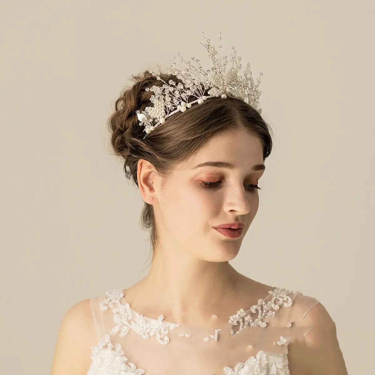 Handcrafted Beaded Leaf Bridal Crown with Crystals