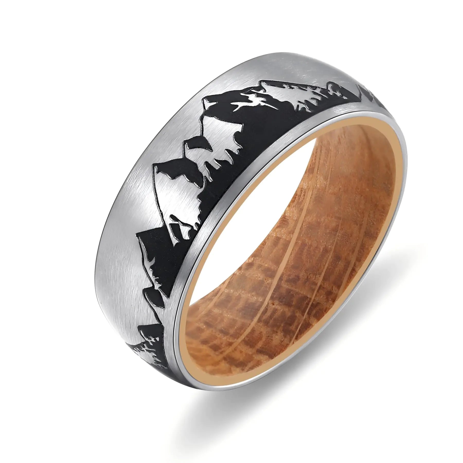 Adreamz 8mm Mountain Camping Hunting Laser Stainless Steel Ring Inlaid Whiskey Barrel Wood Inner Hole Fashion Promise Wedding Band for Men Women Size 9