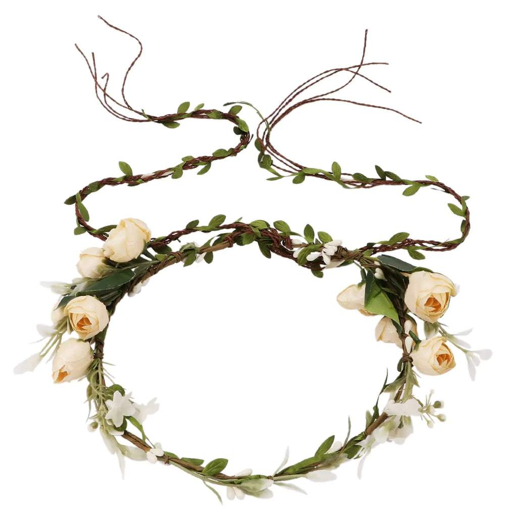 YISSION Beige Flower Crown floral Wreath Headband Flower Women Girl Headpiece Hair Accessories for Wedding Photo Shoot Festivals