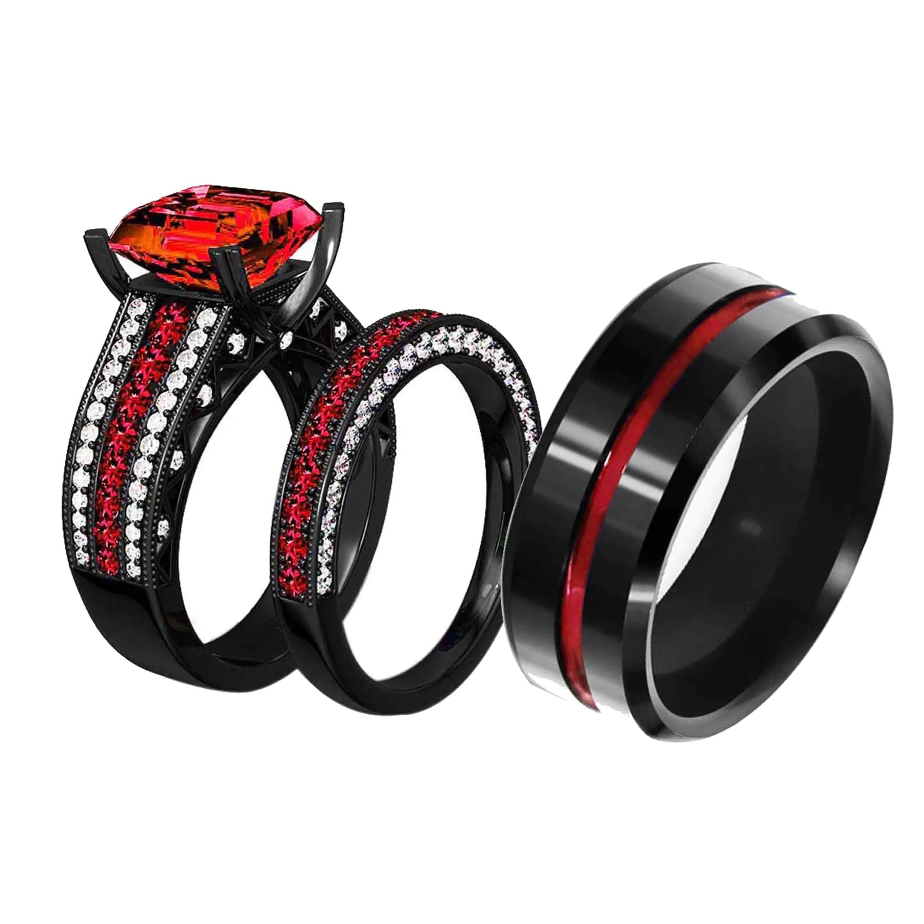 His and Hers Wedding Ring Sets Couples Rings Women 10K Black Gold Filled Red Ruby Cz Wedding Engagement Ring Bridal Sets Mens Wedding Band