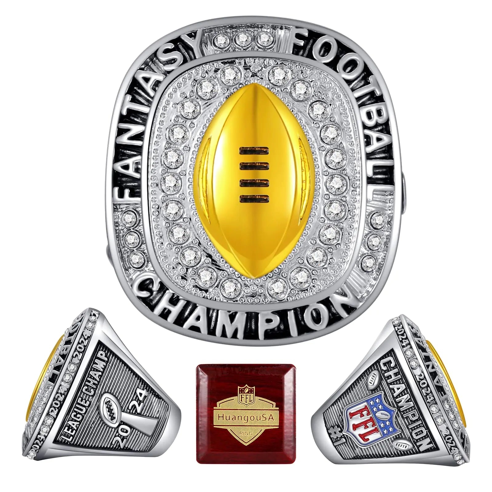 HuangouSA 2024 Fantasy Football Championship Ring with Wooden Box League Champion Trophy Rings Premium Award for Winner (FFL ring with box 7 11)