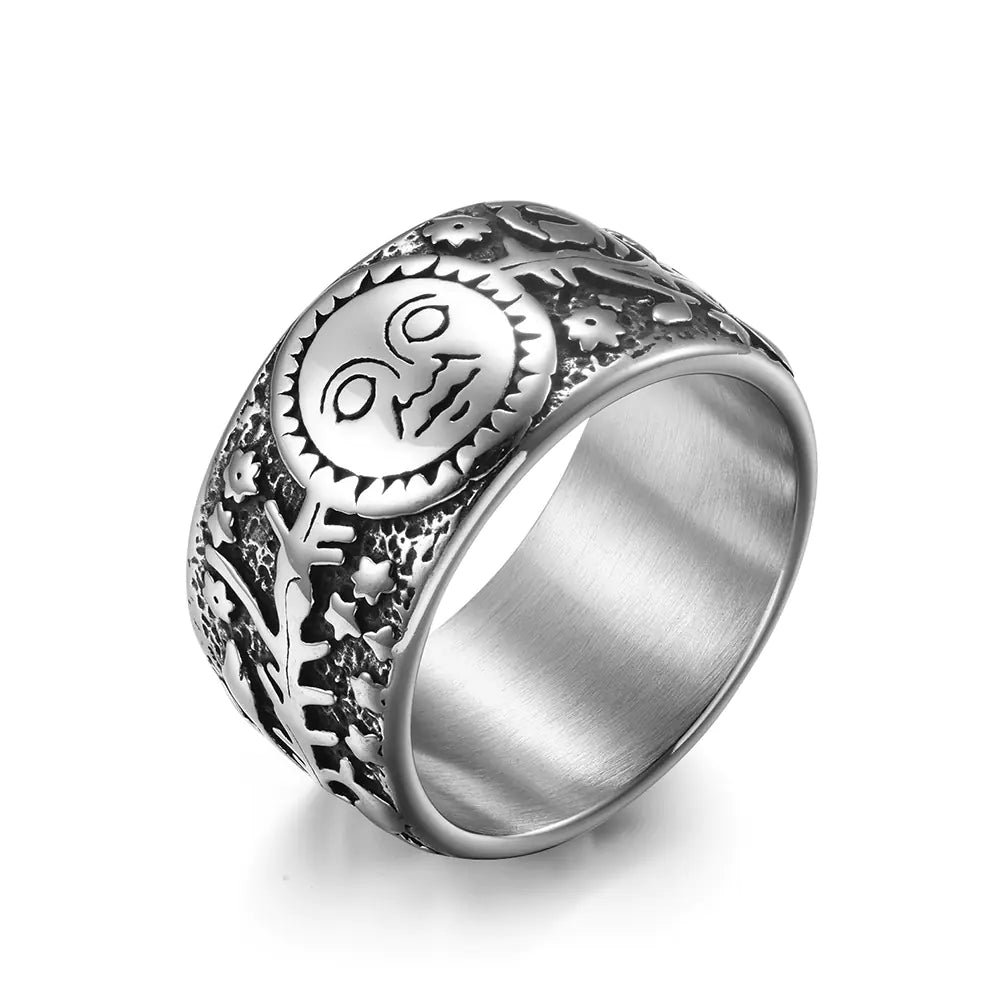 Vintage Sun Star Moon Titanium Steel Ring for Men