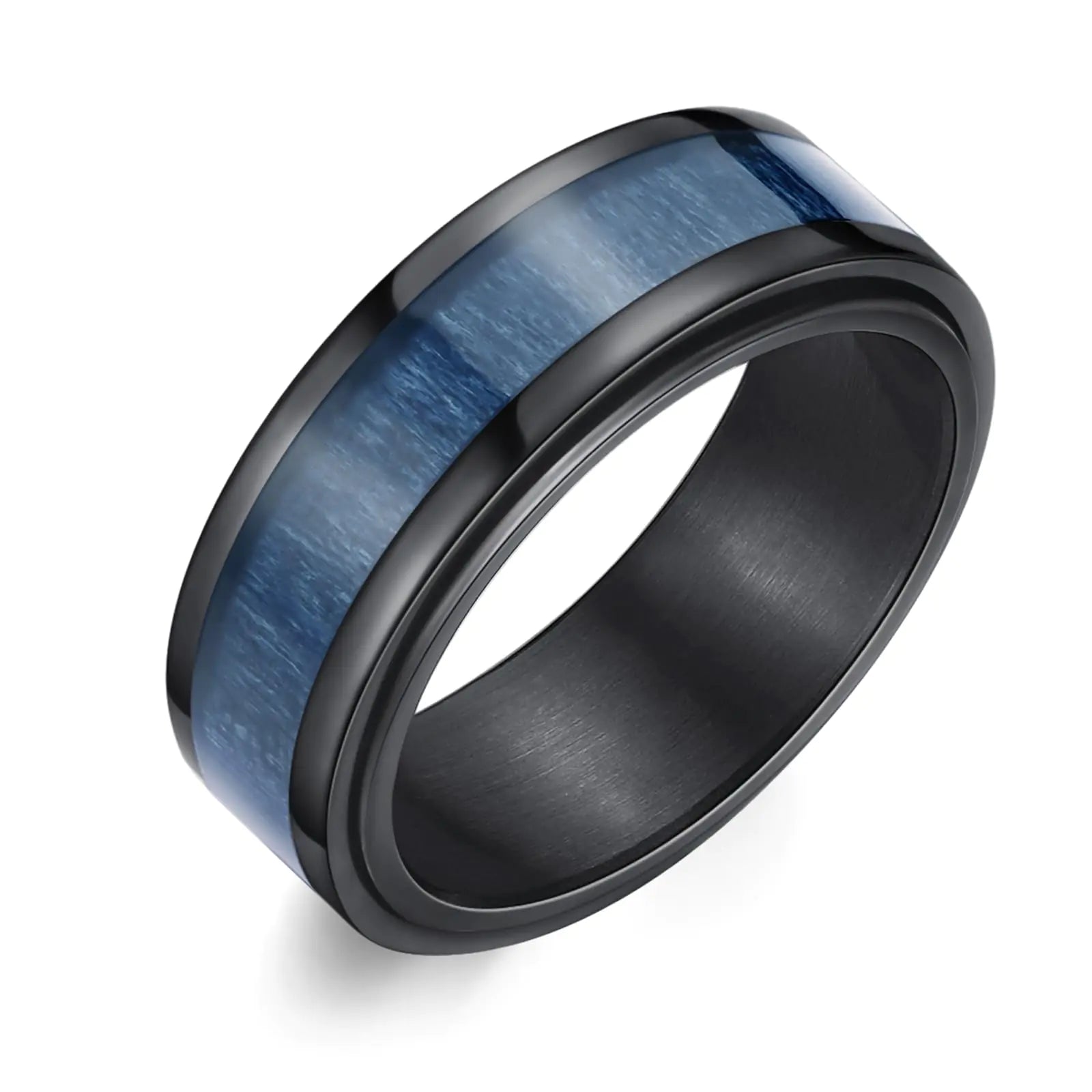 Adreamz 8mm Mens Blue Wood Inlay Spinner Ring Nature Wooden Inlaid Black Stainless Steel Wedding Band Mens Anxiety Fidget Relieving Spinning Ring Comfort Fit for Men Women Size 8