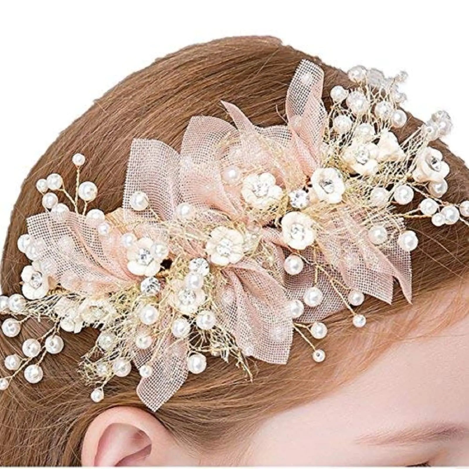 Girls Flower Headpiece Wreath Summer Wedding Bridal Headband Handmade Adjustable Halo Floral Crown Hair Flower Vine Princess Birthday Accessory (Gold)