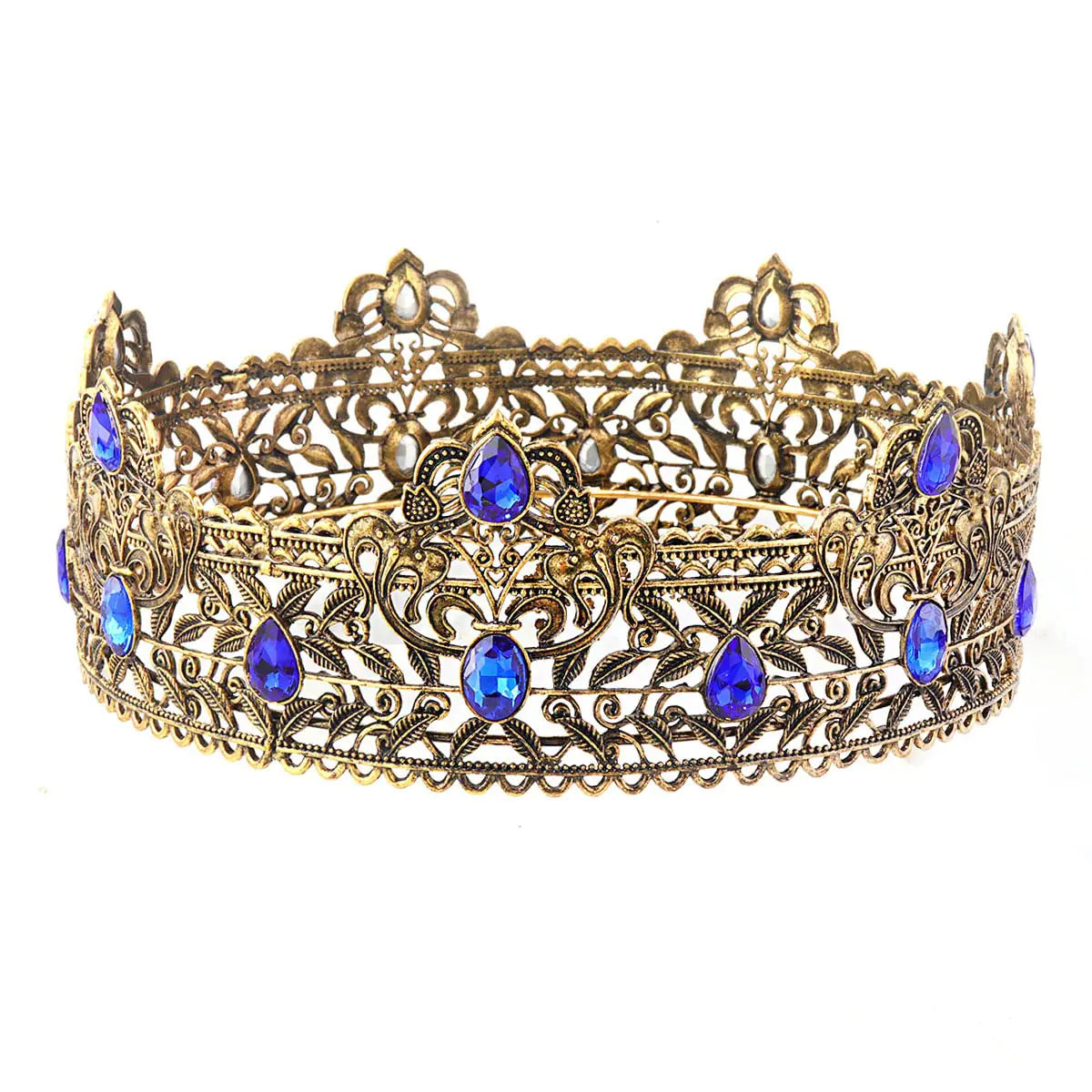 Mens Crowns Metal Adult Men Birthday Homecoming Party Crown King Crown For Cosplay Wedding Halloween Hair Accessories (Dark Gold With Blue Stone)