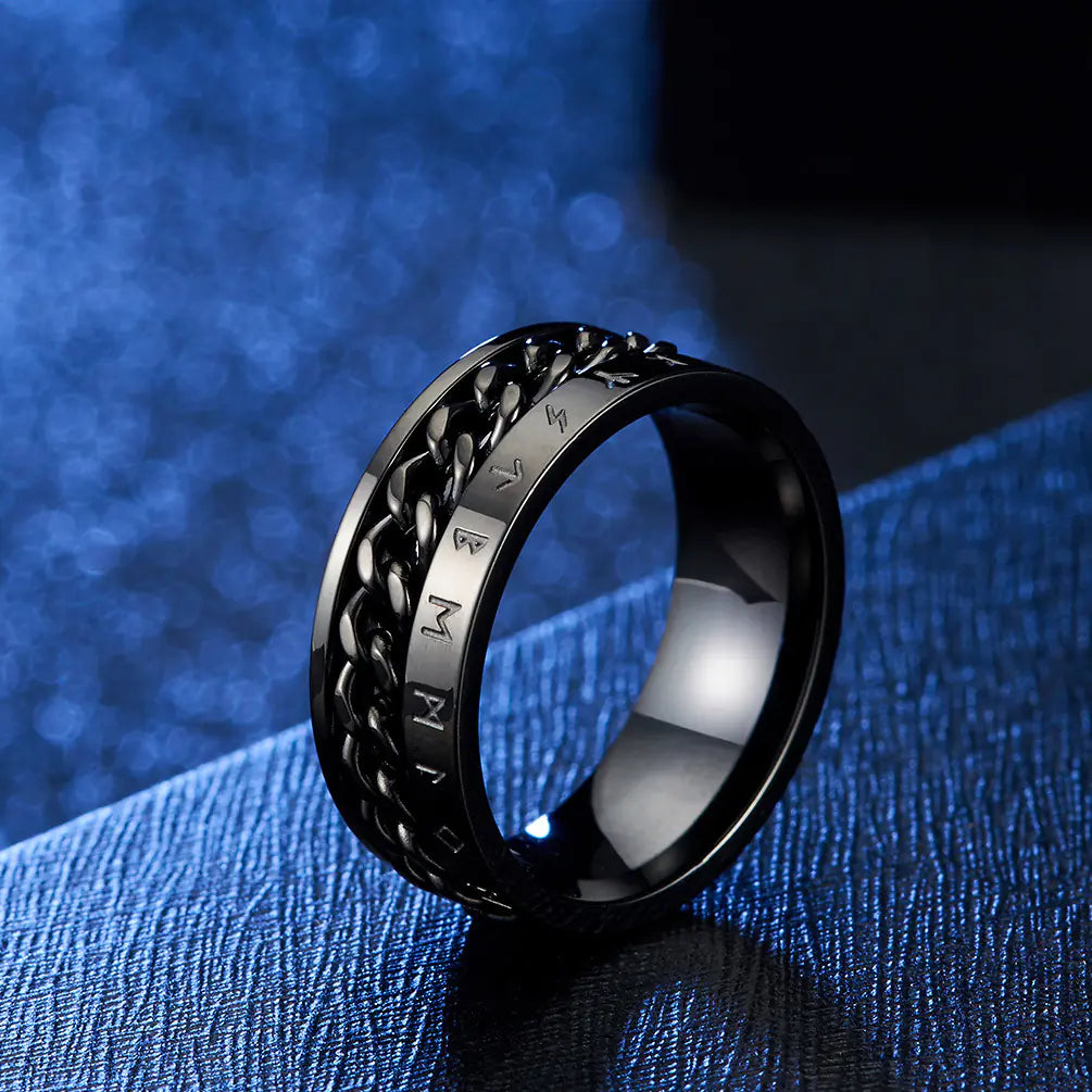 Titanium Steel Viking Text Chain Ring - Rotatable Design