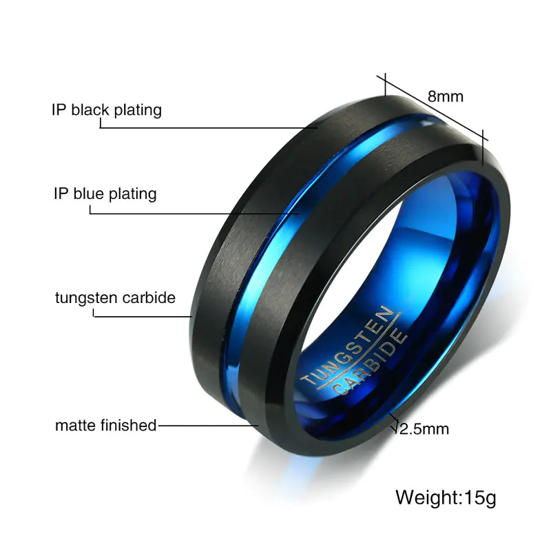 Tungsten Steel Men's Ring with Blue Inlay
