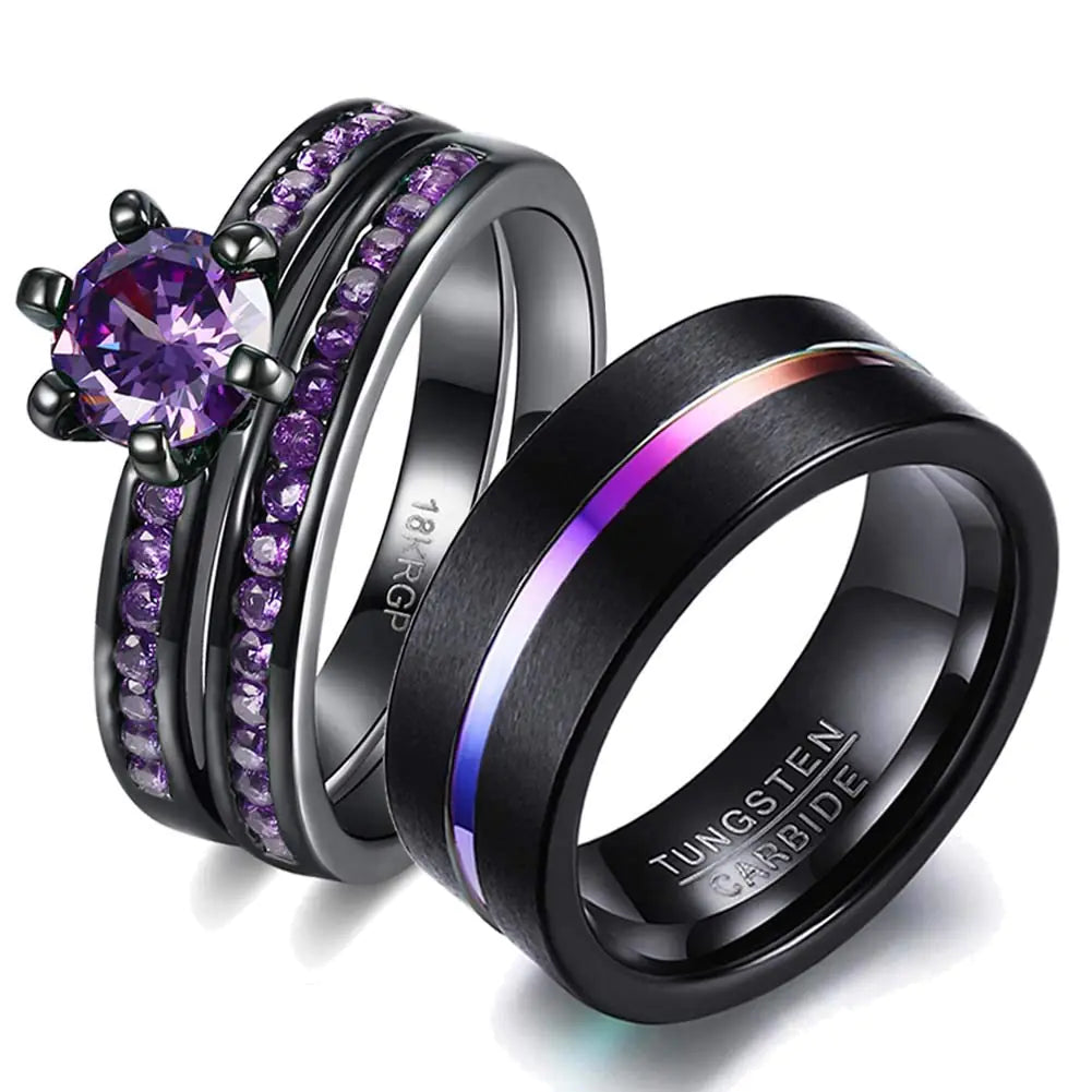 His Hers Wedding Ring Sets Couples Matching Rings Womens 18k Black Gold Filled Violet CZ Wedding Engagement Ring Bridal Sets & Mens Tungsten Carbide Wedding Band