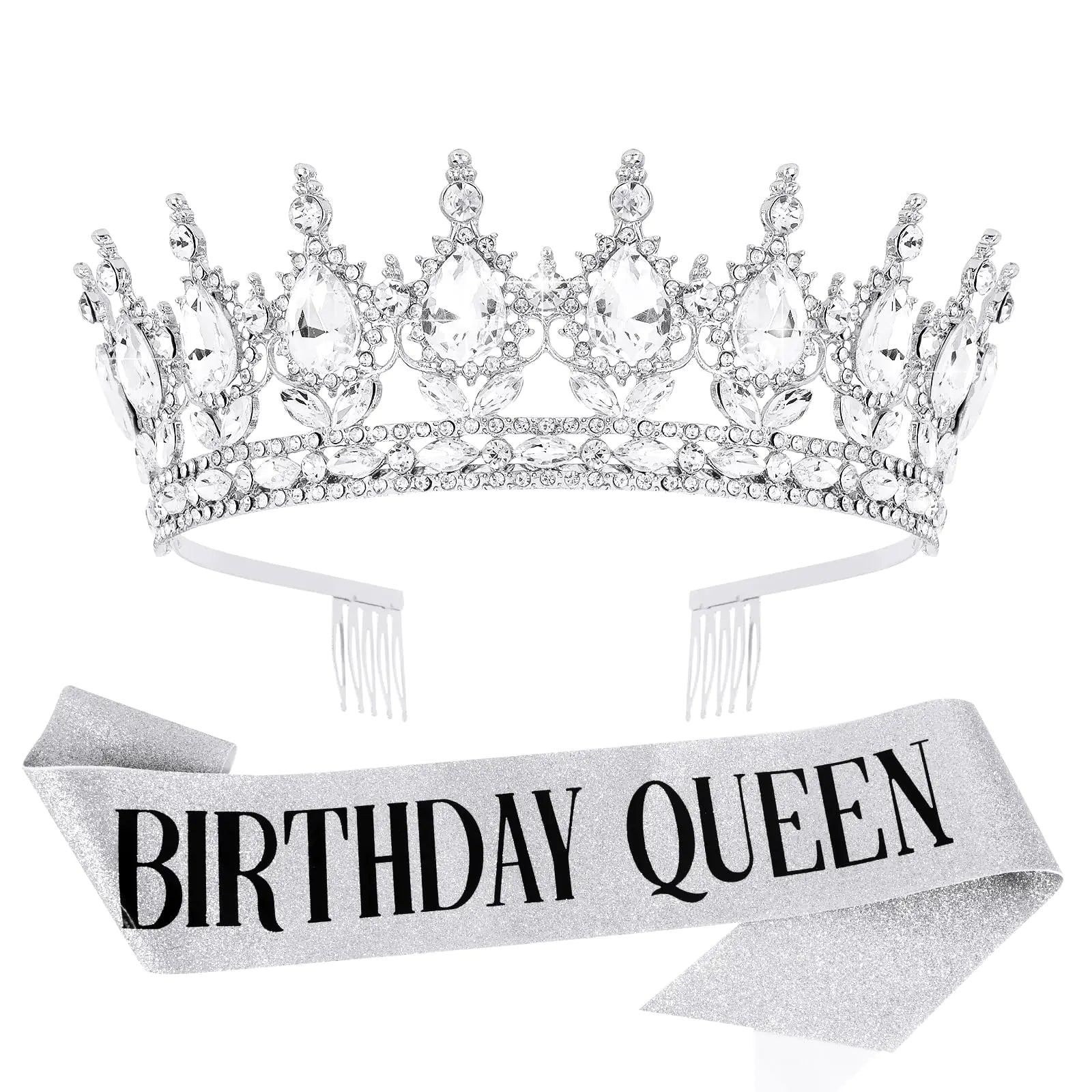 Vovii Birthday Crown & Sash Set for Women Sliver Rhinestone Tiara & Birthday Queen Sash for Women Birthday Decorations Happy Birthday Party Decorations for Birthday Crown Adult Woman