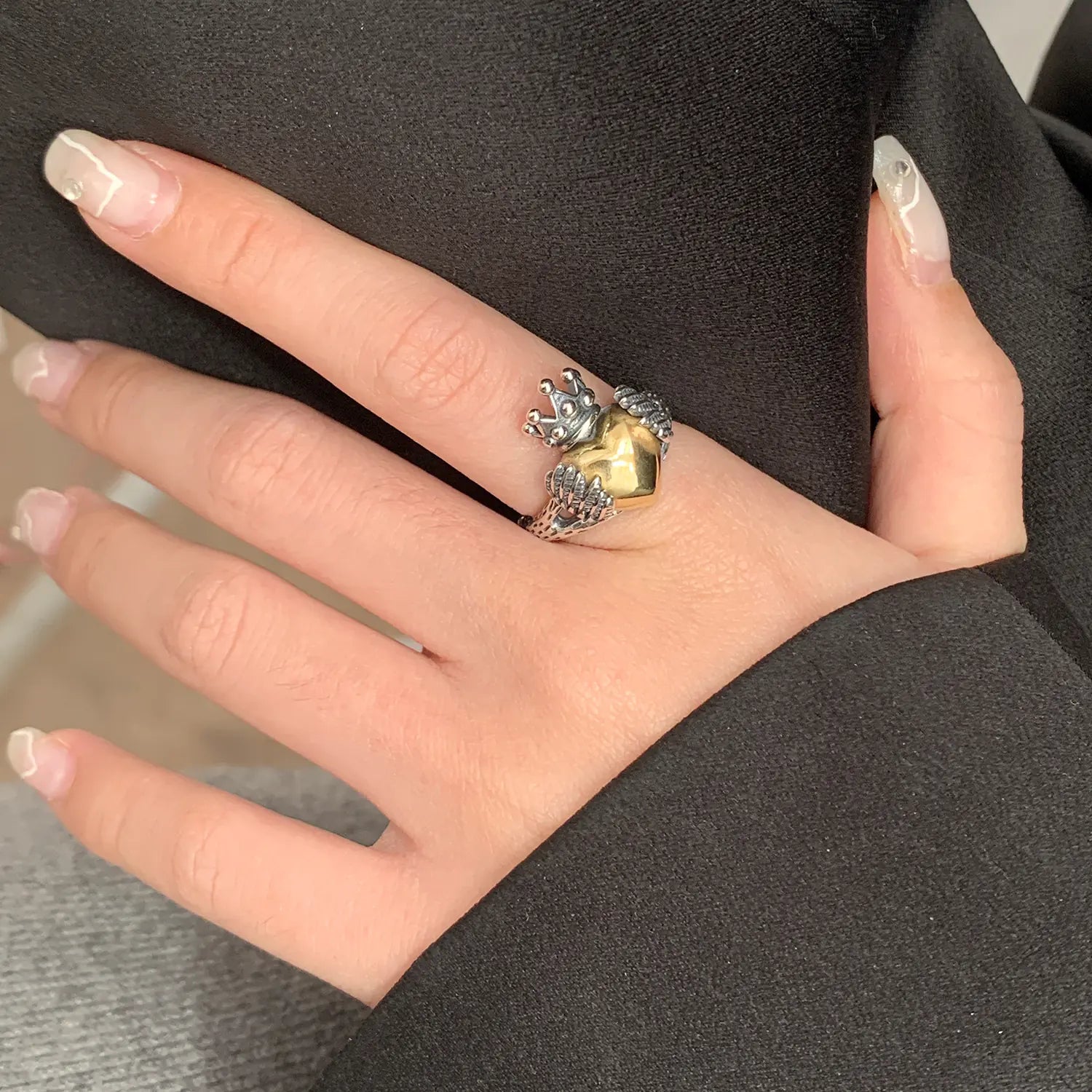 Gold and Silver Retro Crown Wings Feather Ring