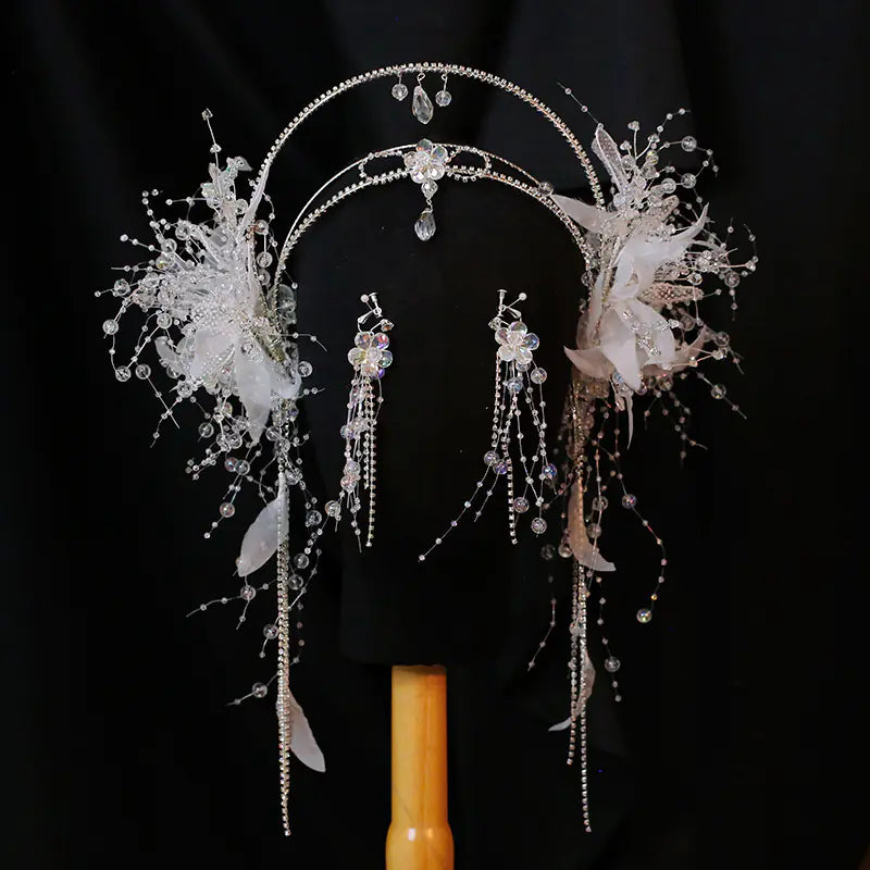 Bride Crown Hair Accessories Set with Crystal Tassels