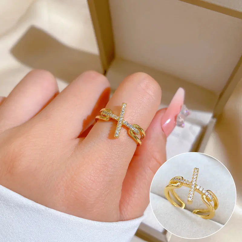 Geometric Design Gold-Plated Diamond Ring for Women