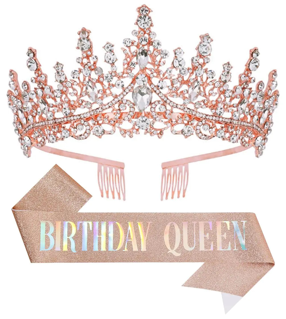 Papoopy Birthday Tiara Crown with Sash for Women Headband Hair Accessories for Wedding Party Costume Rose