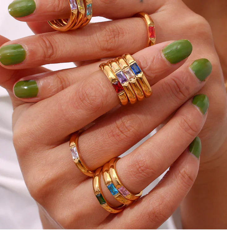 18K Gold Plated Stainless Steel Birthstone Ring for Women