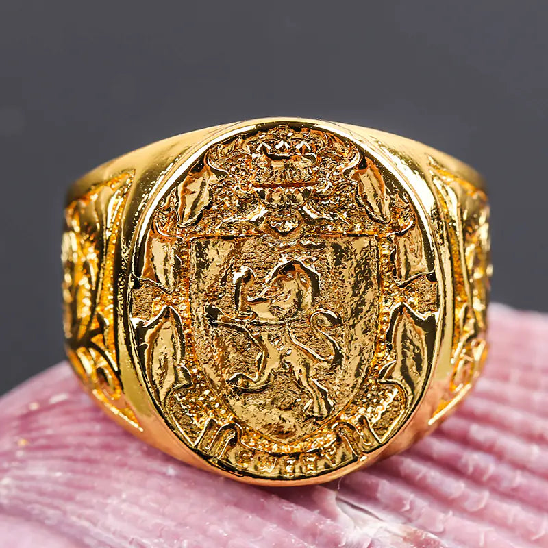 Crown Lion Shield Badge Ring in 18K Gold Color