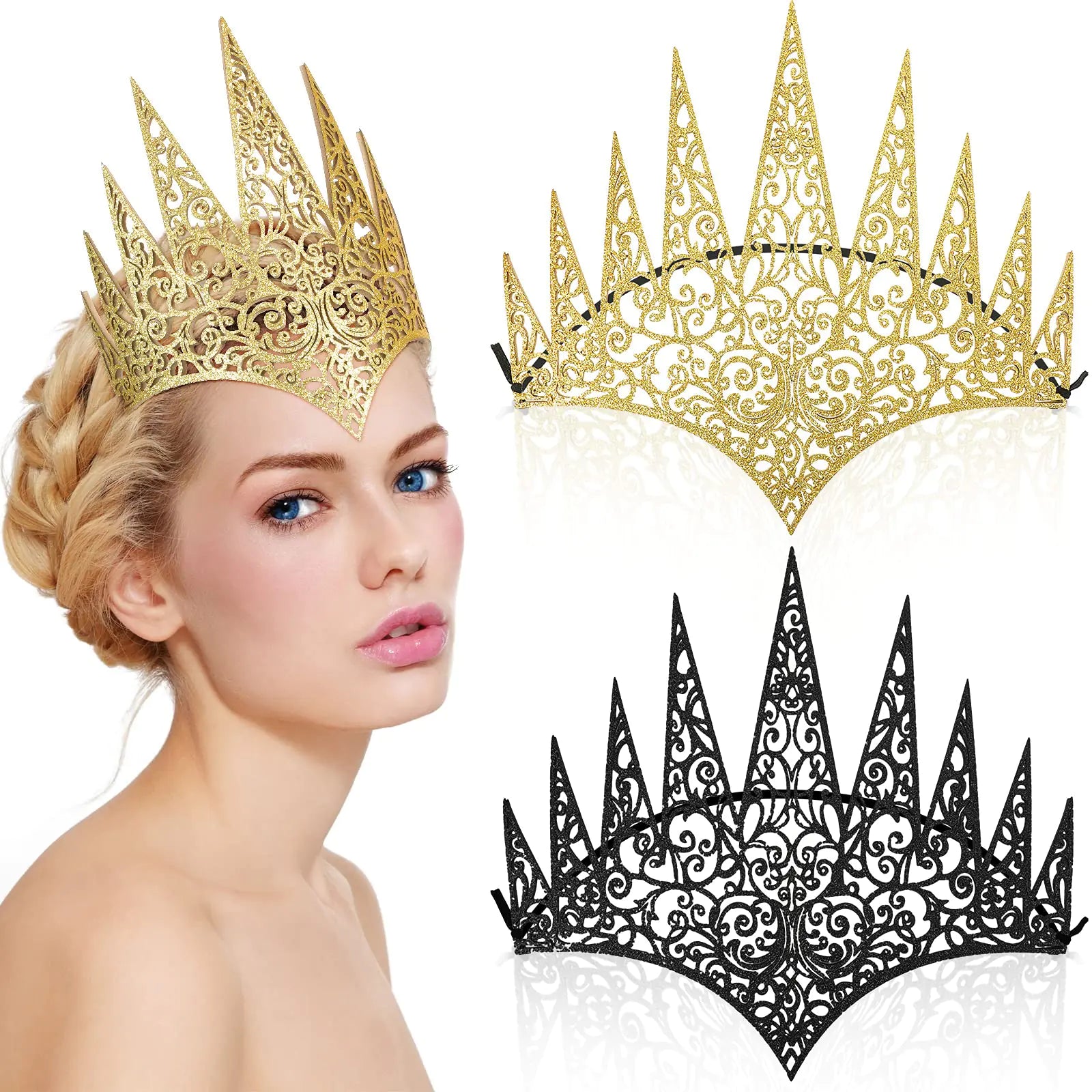 Hicarer Royal Die Cut Glitter Evil Queen Crown - Witch Costume Hair Accessories for Halloween Party Theme Costumes Black Gold