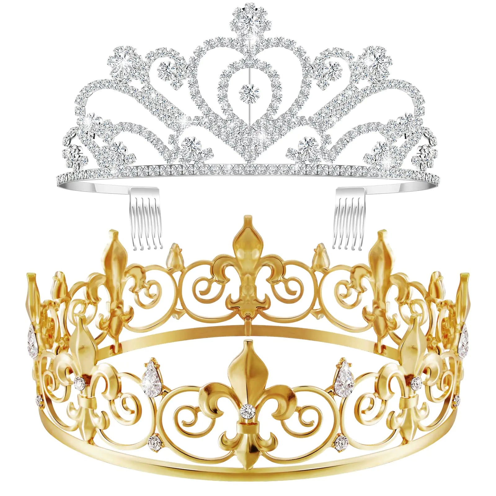 King Crown 2 Pcs Royal King Crown Metal Crystal Tiara Crown for Men Women Bridegroom Bride Princess for Wedding Halloween (Rhinestone Style)
