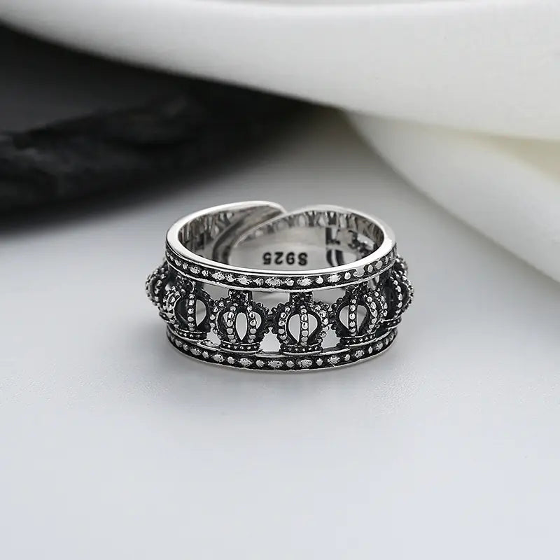 S925 Sterling Silver Wide Hollow Crown Ring