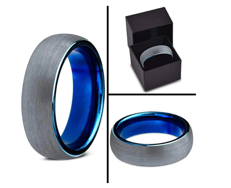Blue Tungsten Steel Ring with Brushed Finish