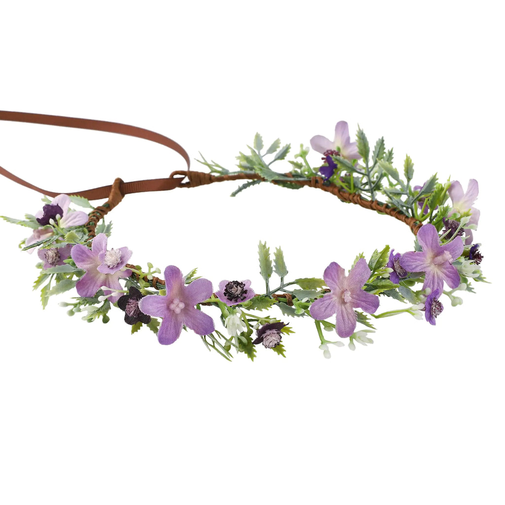 KorViSHOW Handmade Purple Flower Crown Floral Headband for Bridal Weeding Elf Wreath Women Girls Headdress Fairy Green Leaf Headpiece Cosplay Photo Prop
