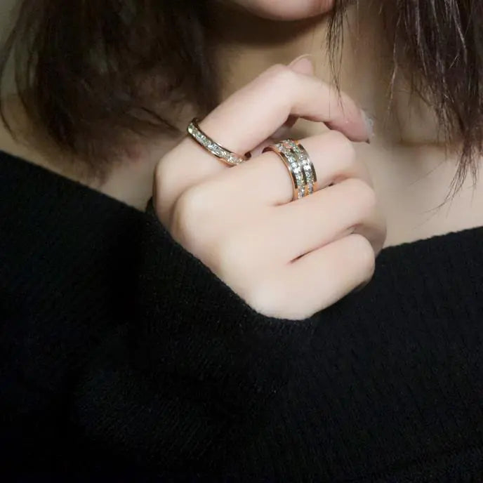 Double Row Square Zircon Stainless Steel Ring for Women