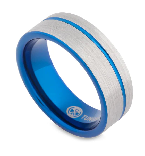 Blue Tungsten Ring with Matte Finish and Two-Tone Design
