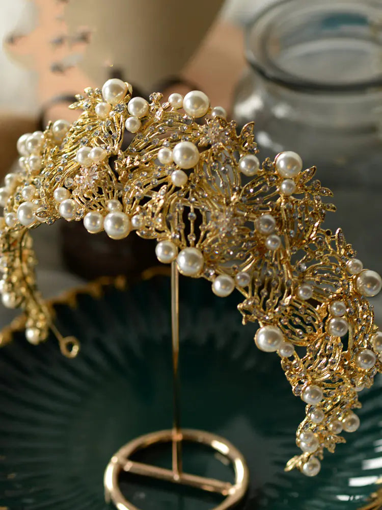 Luxurious Gold Rhinestone Pearl Bridal Crown Headpiece