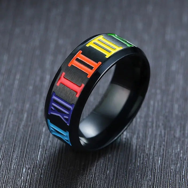 8MM Titanium Rainbow Roman Numeral Ring for Men