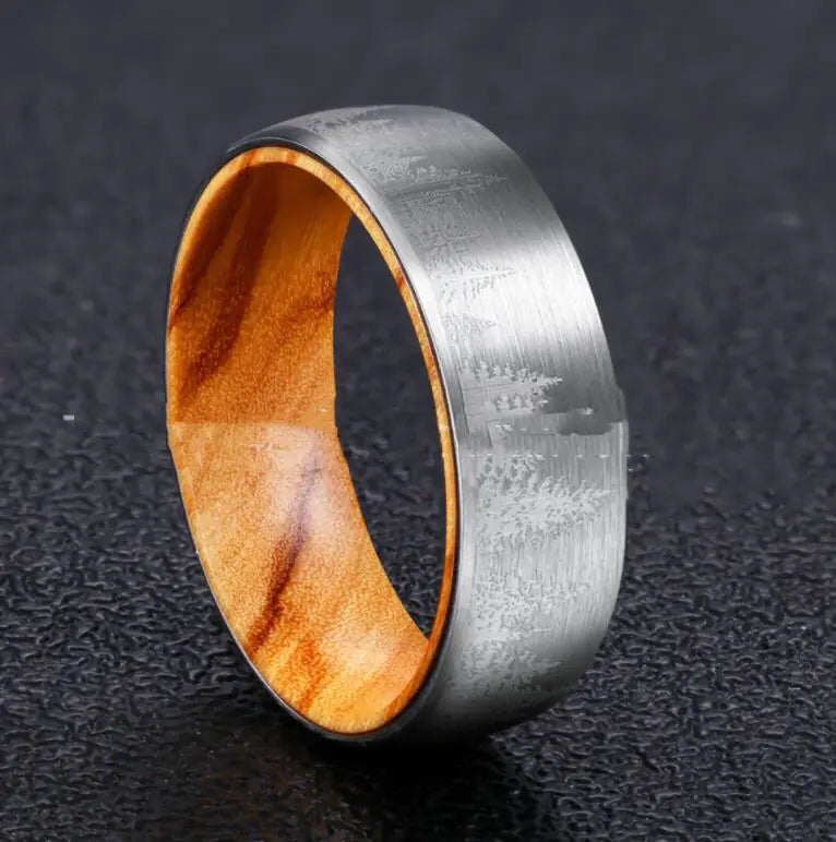 Tungsten Steel Two-Tone Ring, Wooden Men's Engagement Ring