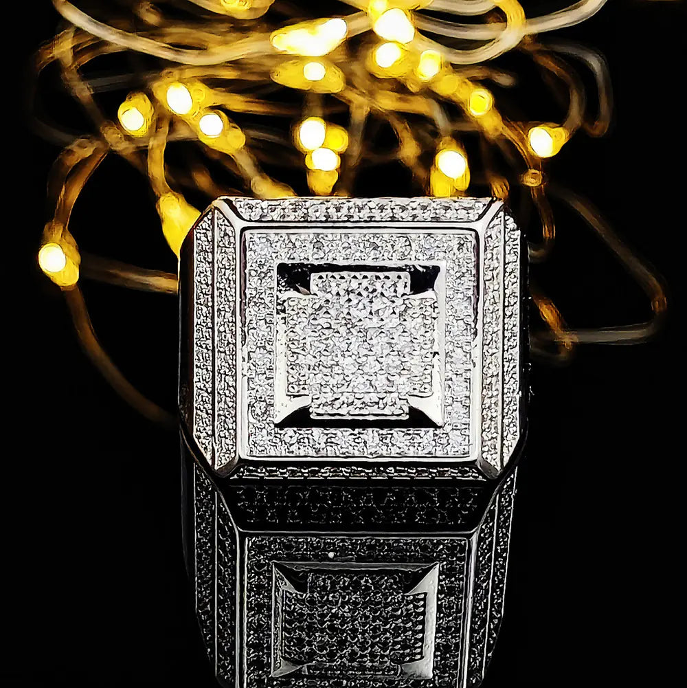 Men's Hip Hop Square Ring with Gold-Plated Zirconium