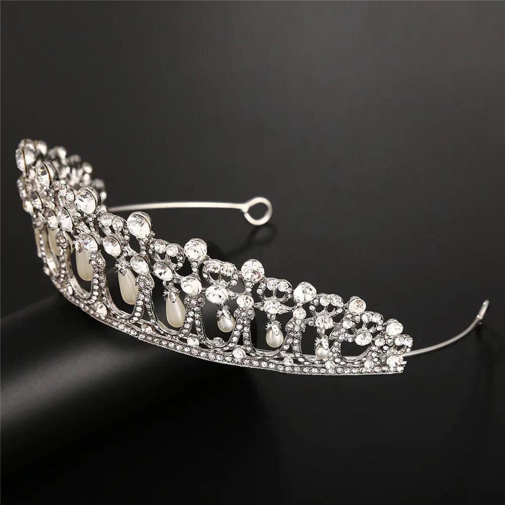 Vintage Silver Plated Crown Diadem with Crystal Pearls