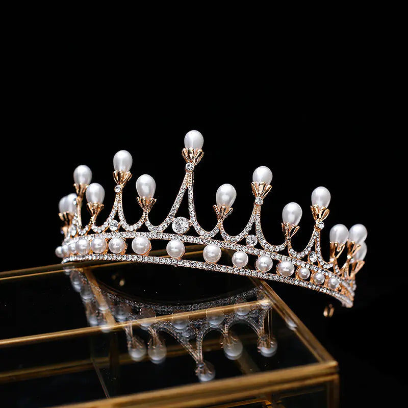 Korean Style Bridal Crown with Pearls and Rhinestones