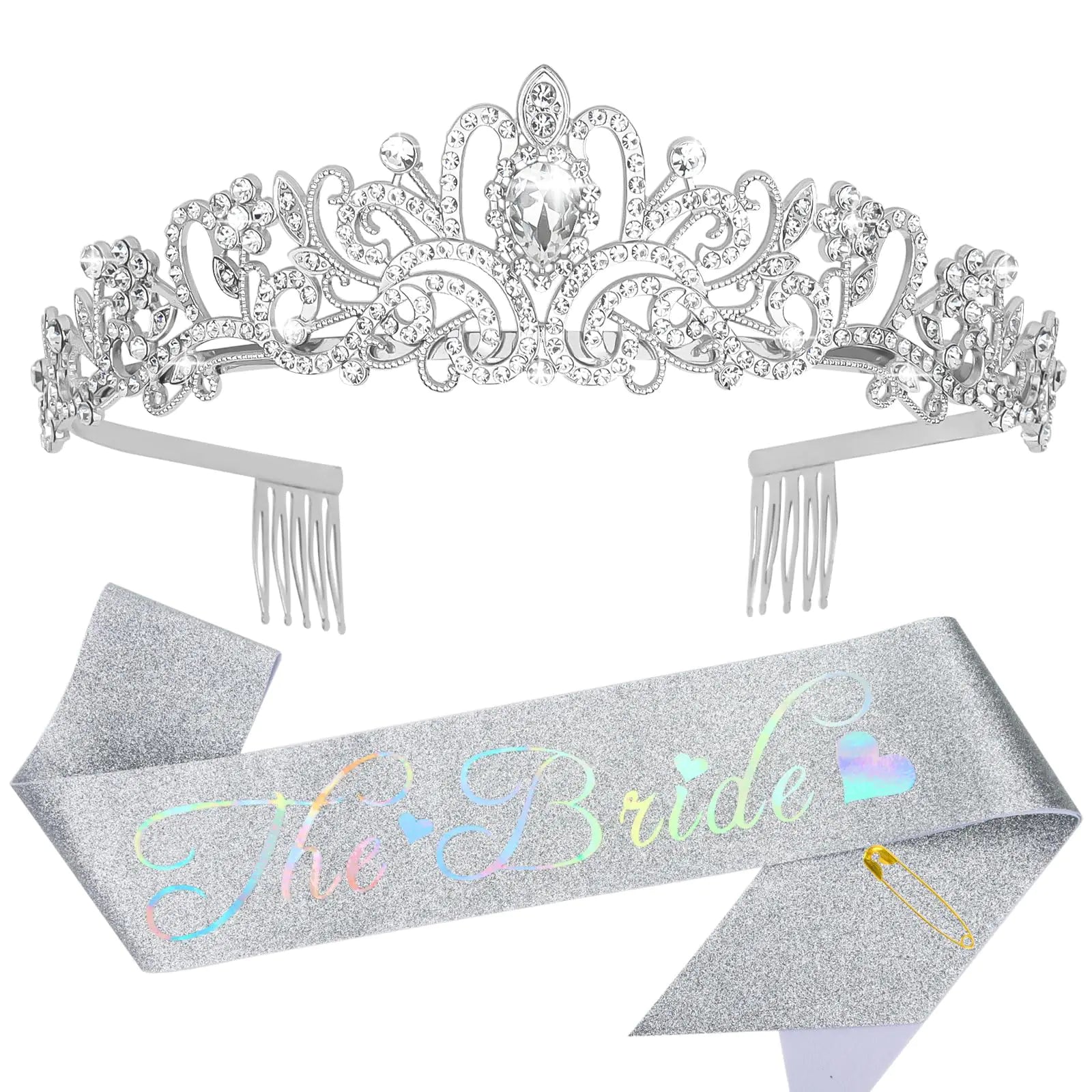 YARIEW Bride Crown and Bride Sash Bachelorette Party Bridal Shower Decorations Rhinestone Wedding Bridal Tiara Glitter Bride Crown and Sash for Bachelorette Party Decorations Engagement Gift