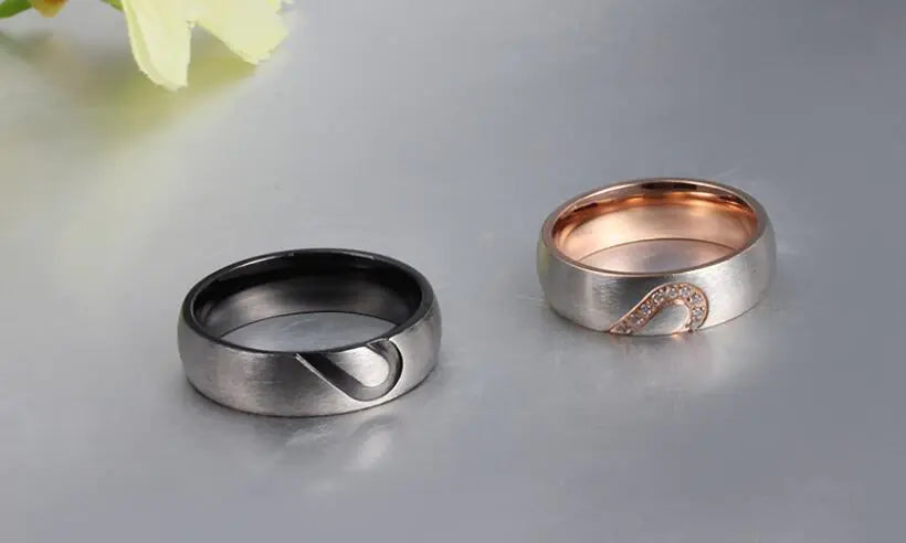 Couple Heart Rings with Diamond Inlay