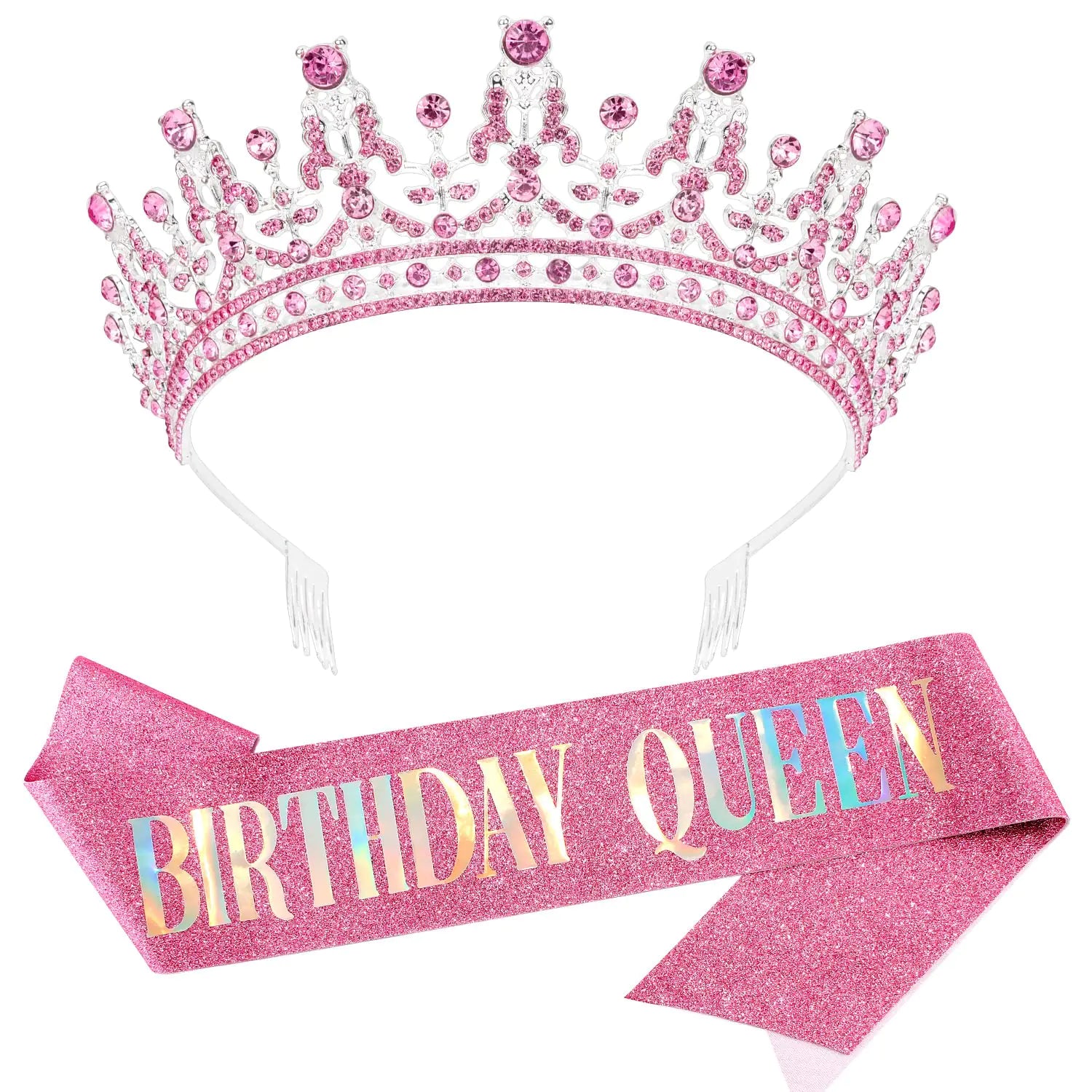 SuPoo Birthday Crown & Sash Kit Pink Birthday Queen Sash Birthday Tiara for Women Rhinestones Crown with Comb Quinceanera Crown Princess Tiara Princess Party Decorations Birthday Decorations