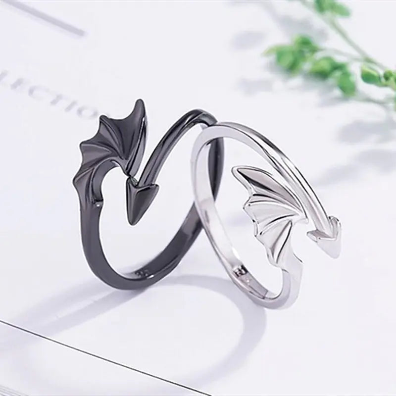 S925 Silver Angel Demon Wings Couple Rings (Adjustable)
