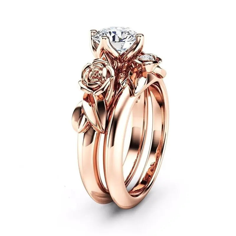 Rose Gold Couples Rings with Floral Diamond Design