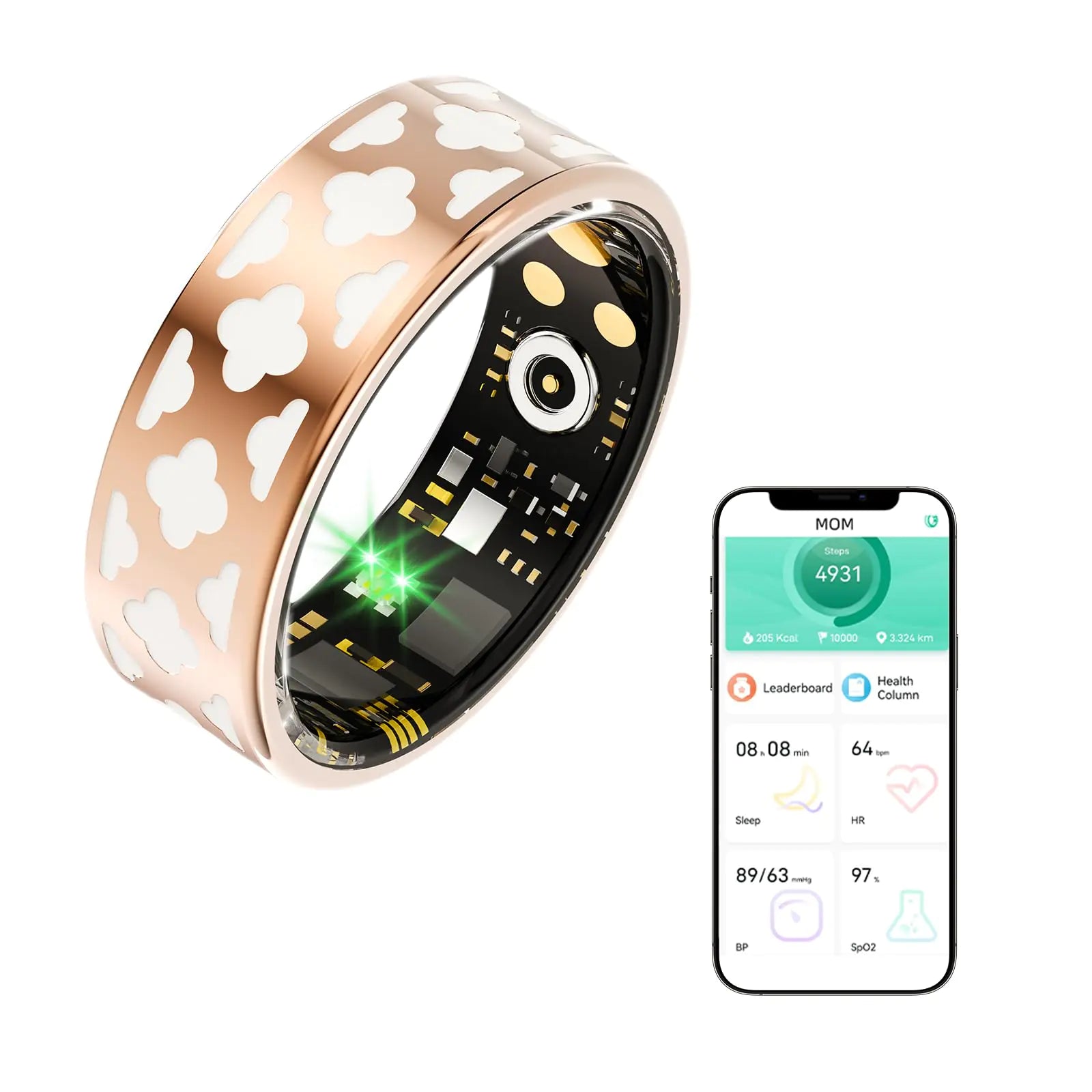 MERNEUO Sleep Tracker Ring Health and Fitness Tracker Smart Ring with Calories/Heart Rate/Blood Oxygen/Blood Pressure/Sleep Monitoring IP68 Waterproof Step Tracker Ring with Enamel Crafted(Size 8)