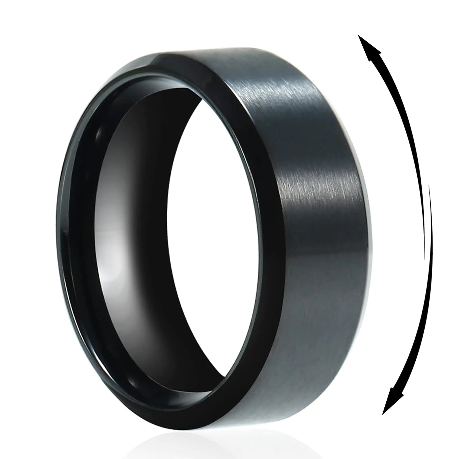 8mm Titanium Steel Mens Spinner Ring Classical Plain Matte Brushed Wedding Rings for Him Half Sizes Stainless Steel Bevel Edge Stress Relieving Anxiety Band Rings Comfort fit Size 7 (Black)