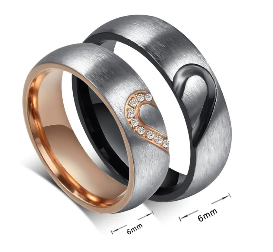 Couple Heart Rings with Diamond Inlay