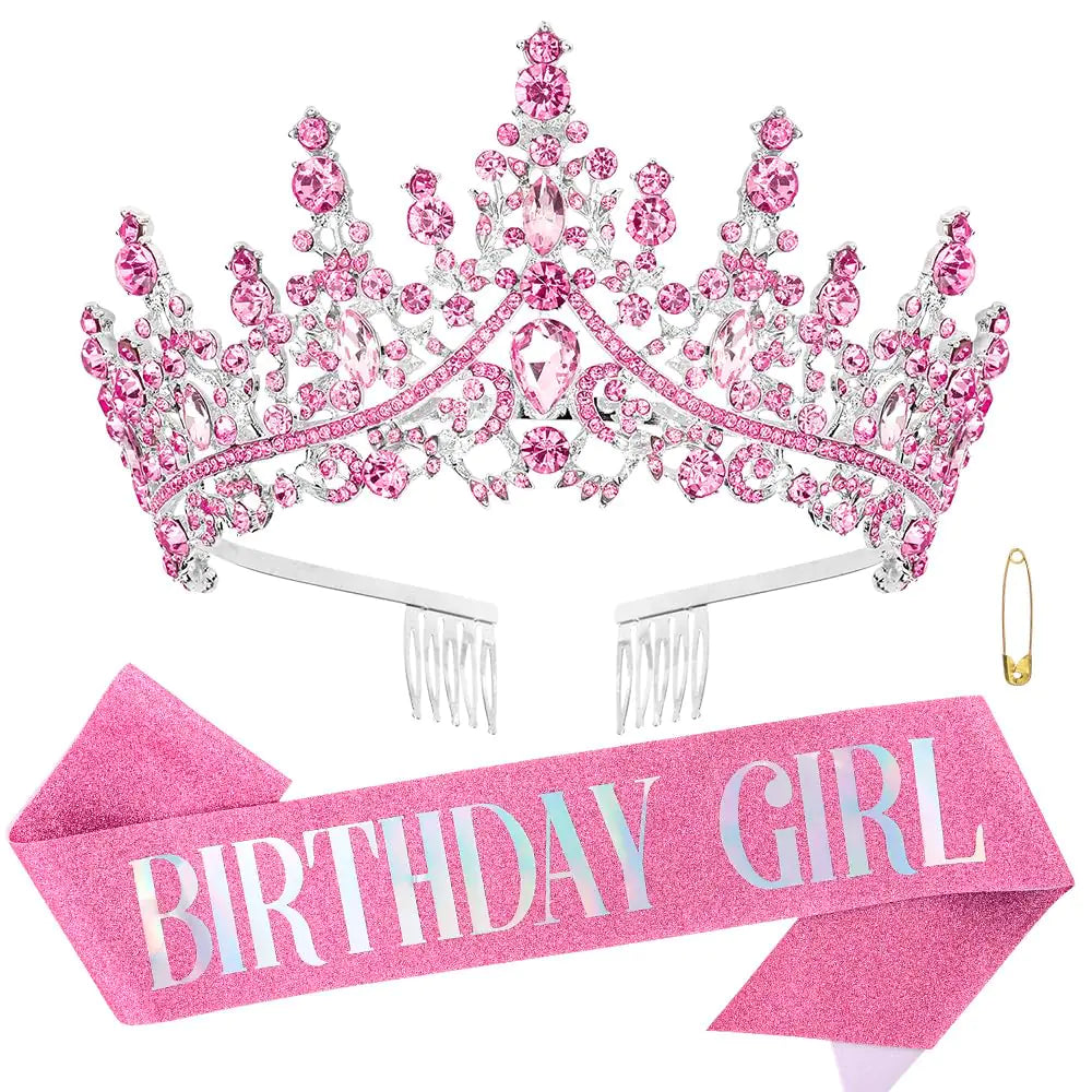 ATODEN Birthday Girl Tiara Queen Crown Pink Tiaras and Crowns for Women Girls Crystal Princess Tiara Rhinestone Headbands Quinceanera Crown Headpieces Birthday Decorations
