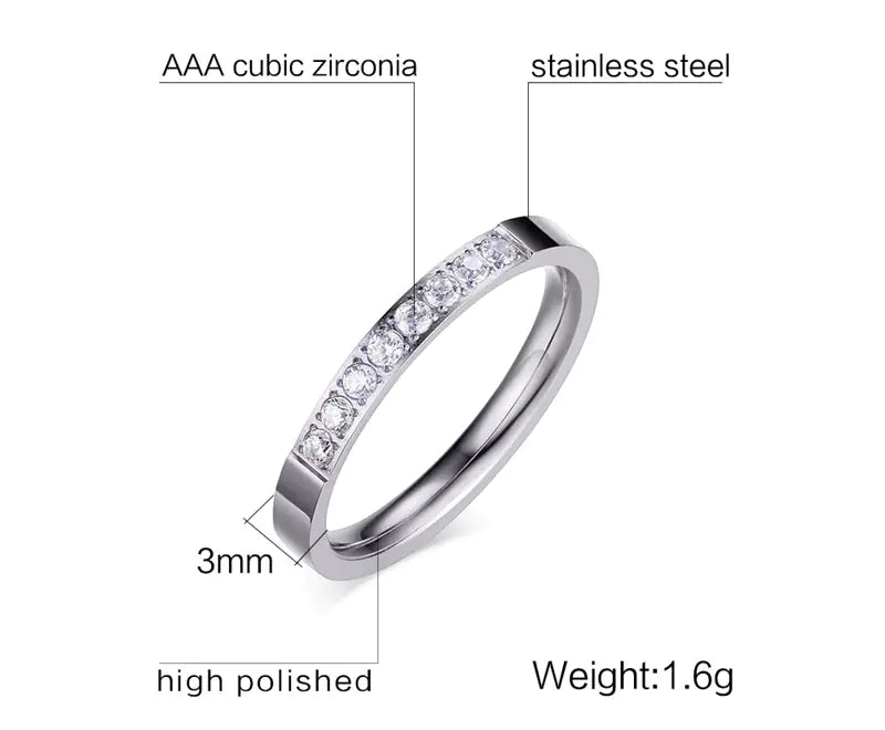 3MM Stainless Steel Zircon Ring for Women