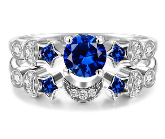 Creative Star Moon Ring with Blue Gemstone for Women