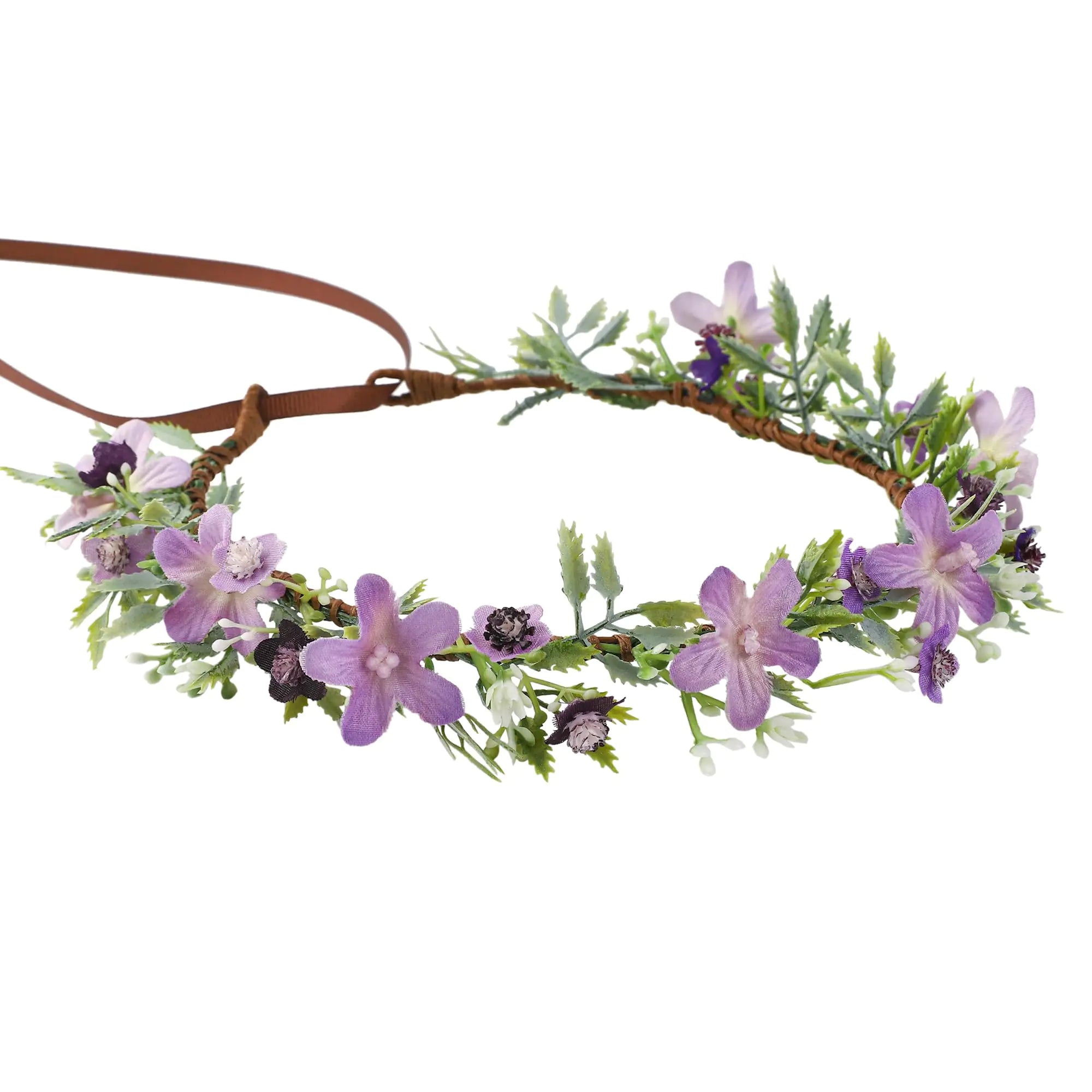KorViSHOW Handmade Purple Flower Crown Floral Headband for Bridal Weeding Elf Wreath Women Girls Headdress Fairy Green Leaf Headpiece Cosplay Photo Prop