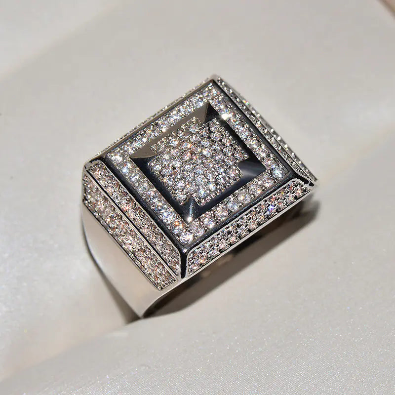 Men's Hip Hop Square Ring with Gold-Plated Zirconium