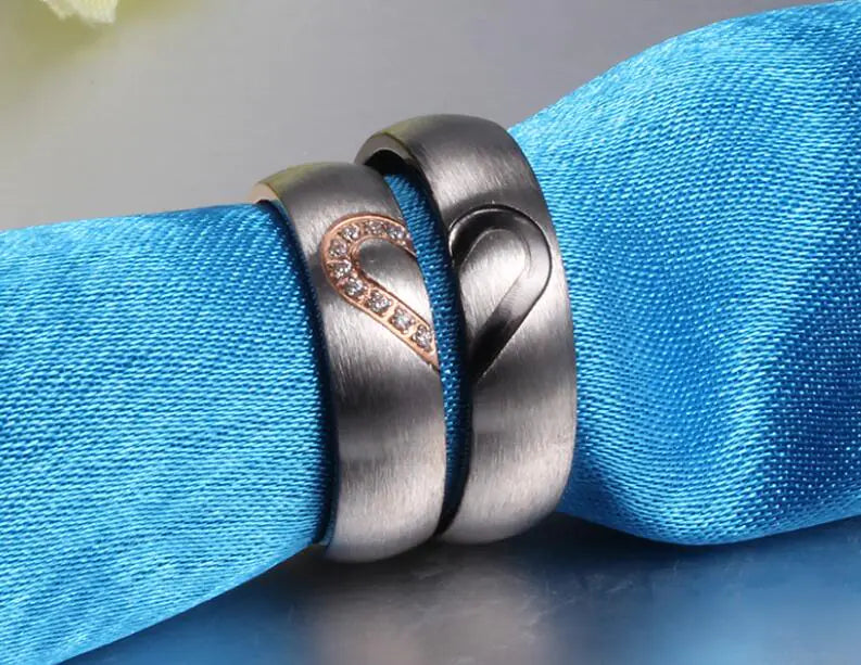 Couple Heart Rings with Diamond Inlay