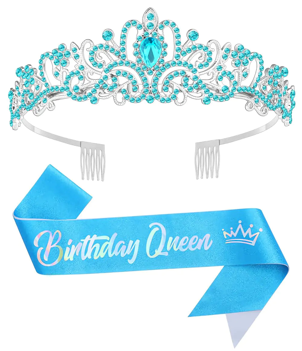 Queenship Birthday Tiara Crown with Sash for Women Birthday Sash for Adult Women Birthday Queen Party Blue