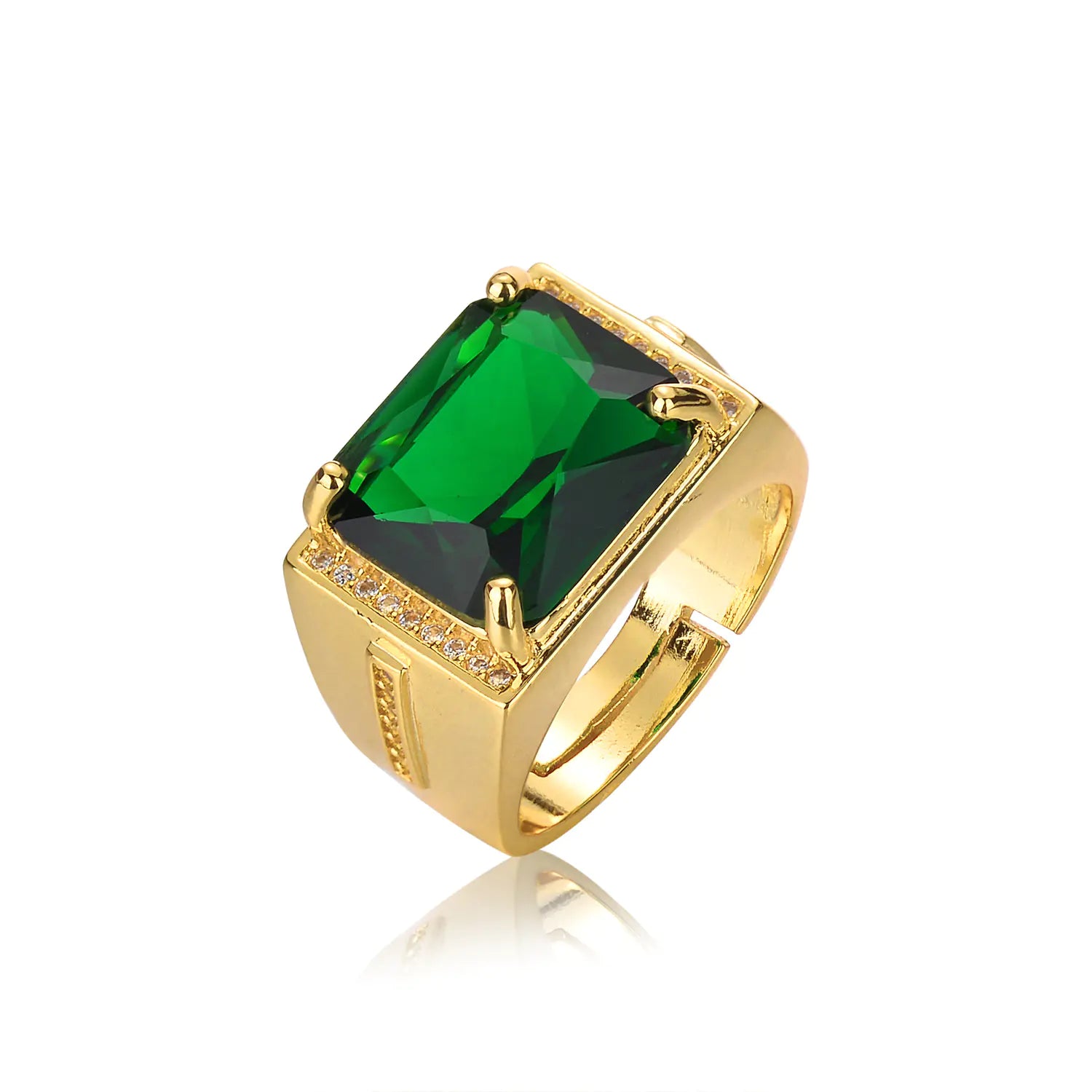 Vintage Green Emerald Square Ring for Men (Gold Plated)