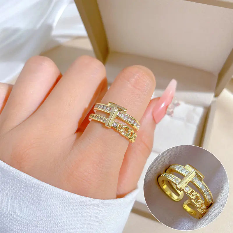 Geometric Design Gold-Plated Diamond Ring for Women